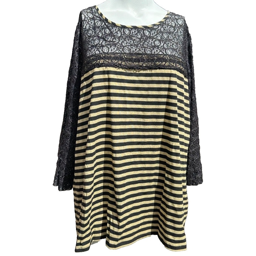 RXB Womens 2X Black Gold Shimmer Stripe Lace Mesh Sleeve Top NEW Plus Size Glam